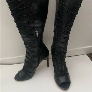 Vince Camuto black leather peep toe boots